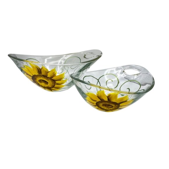 Nella Sunflower Hand Painted Glass Bowls Nesting Set of 2 Sloped Small Candy - Picture 1 of 16